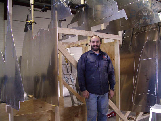 Trif with aluminium hull panels in the workshop