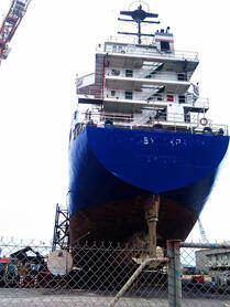 Cargo ship in dry dock