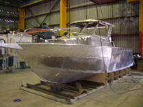 Cabin cruiser on cradle
